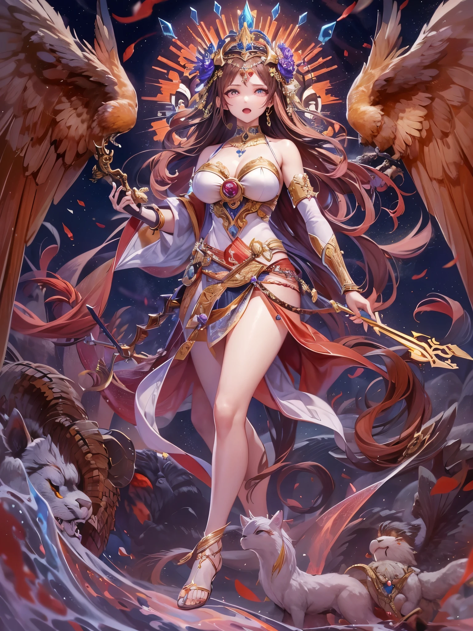 ((Highest quality)),(Ultra-high resolution),(Ultra-detailed new),(Detailed Description),((The best CG)),(masterpiece),Highly detailed art,A wonderful new art form,(Art with precise details:1.5), (War Goddess:1.3),(Frenzy Dance:1.3),sword,gun,Hoko,Bow and Arrow,snake,eagle,lion, Crushing, blasting, Flow, impact, sapphire,Ruby,Emerald,opal,amethyst