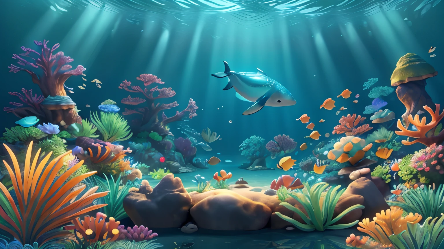 a detailed beautiful 3d animated underwater fantasy scene, tropical fish, whales, dolphins, sea turtles, kelp forests, vibrant colors, dynamic lighting, photorealistic, 8k, best quality, masterpiece, ultra-detailed, cinematic shot, lush environment, dynamic angles, volumetric fog, god rays, caustics, hyper realistic, cinematic composition