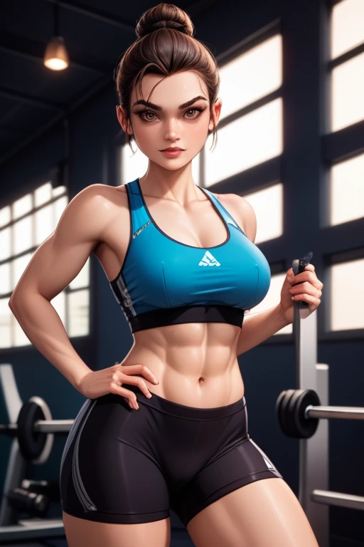 24-year-old Caucasian (Russo-Italian) female fitness instructor; tomboy; athletic build; athlete; short dark brown hair tied in a small bun; hazel eyes; subtle cybernetic enhancements; fair skin; wears high-tech workout attire including sports bras, compression shorts, and tank tops; in a futuristic gym setting with high-tech equipment; poses confidently, exuding a rebellious and tomboyish attitude; background includes vibrant neon lights and a gritty urban atmosphere; large breasts; Disney-style, CGI; best quality; high definition; trending on artstation; complex volumetric lighting; shadows;