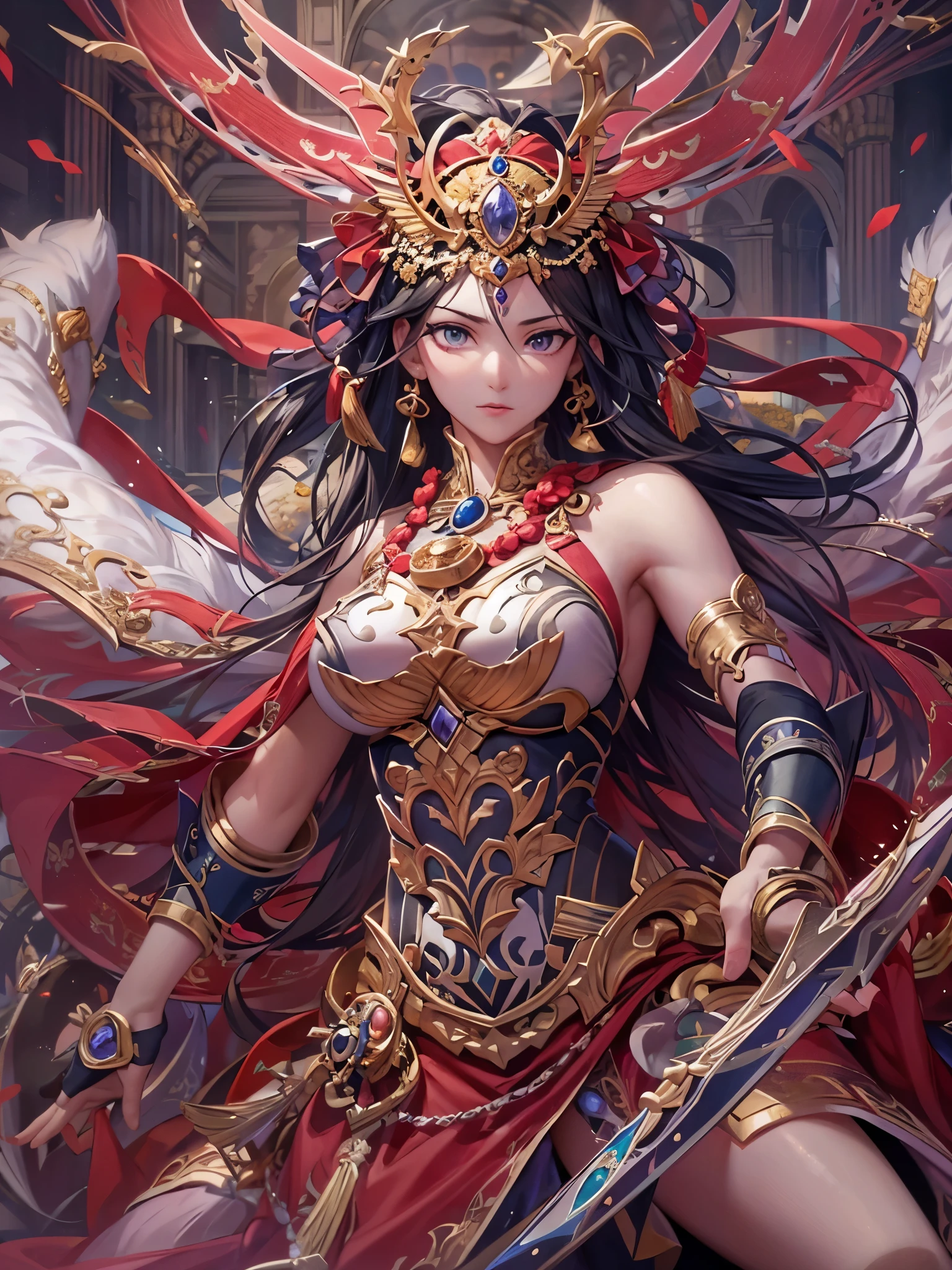 ((Highest quality)),(Ultra-high resolution),(Ultra-detailed new),(Detailed Description),((The best CG)),(masterpiece),Highly detailed art,A wonderful new art form,(Art with precise details:1.5), (War Goddess:1.3),(Frenzy Dance:1.3),sword,gun,Hoko,Bow and Arrow,snake,eagle,lion, Crushing, blasting, Flow, impact, sapphire,Ruby,Emerald,opal,amethyst