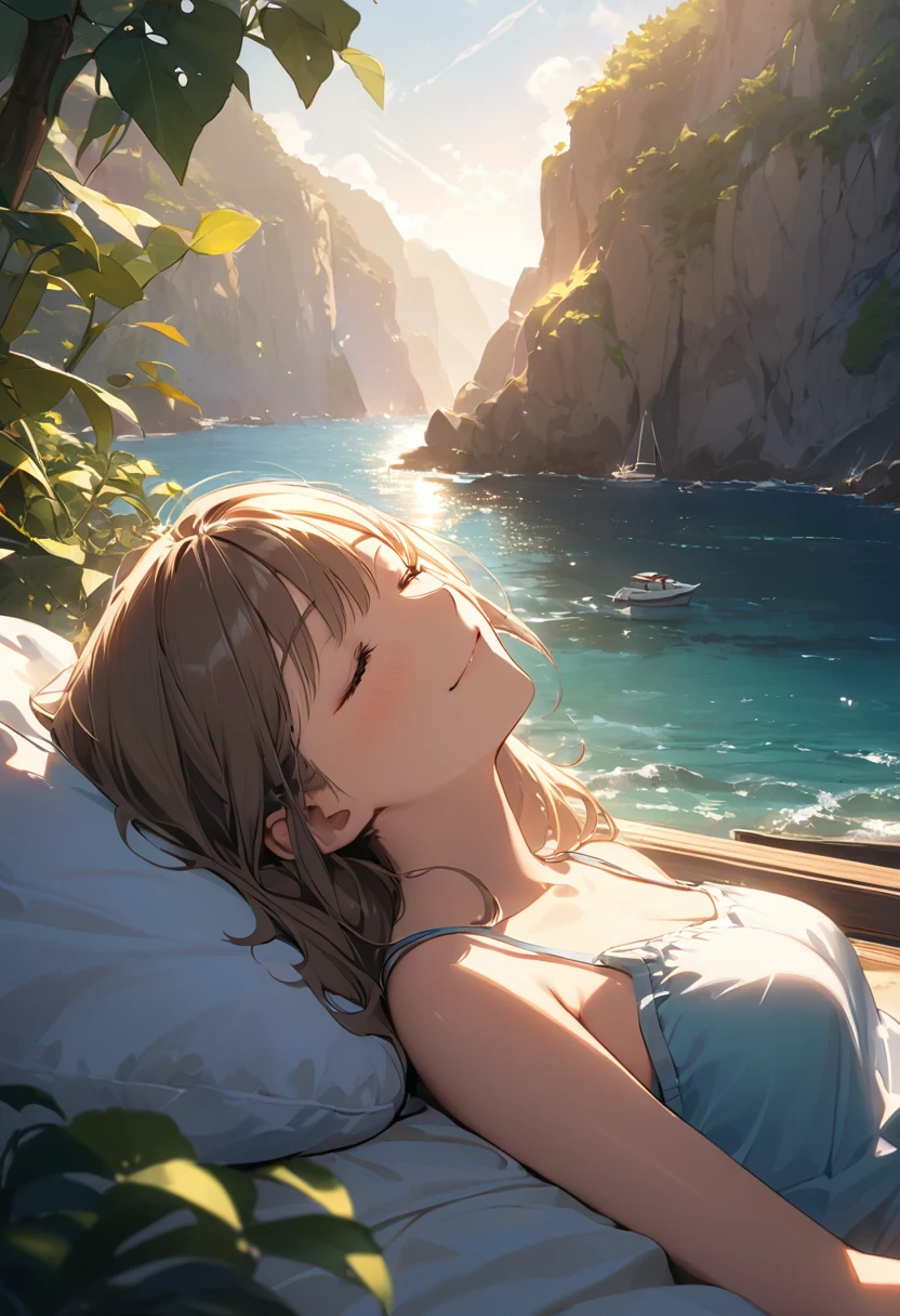 (best quality, masterpiece, ultra highres, ultra-detailed:1.2) ,(girl sleeping in the sun),****,closed eyes,smile,soft lighting,The background features rocky cliffs overlooking the sea, boats floating on it, green plants, and sunlight shining through them onto her face. wearing camisole. creating a warm atmosphere.