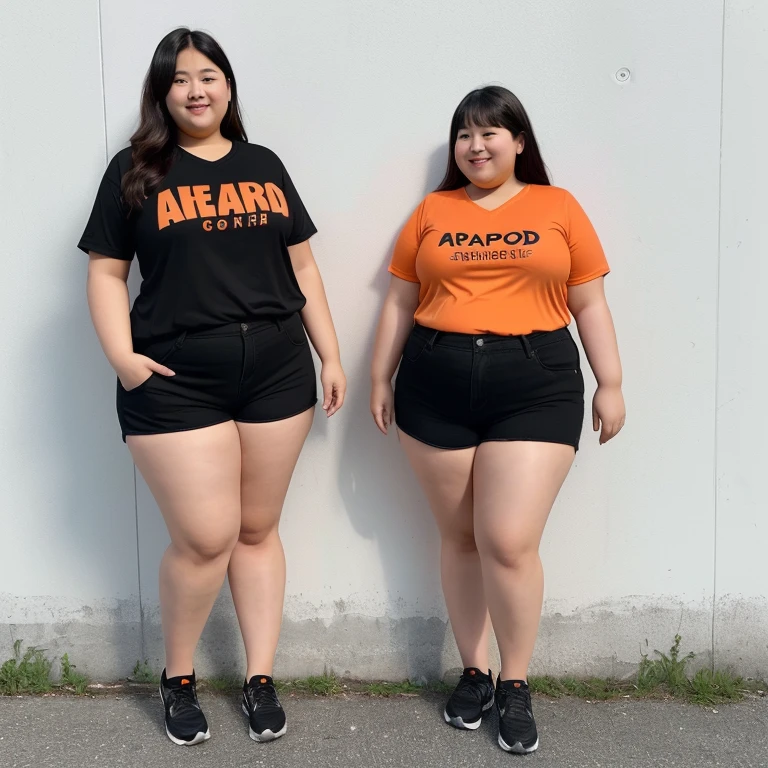 Araped woman wearing an orange shirt standing next to another woman wearing black shorts, Full body wide shot, full body photo, full body photo, Short and sturdy woman, The picture is large, fat ), full body photo, full body photo, full body image, overweight, full body shot, fat 여자, Overall - body and head view, an fat
