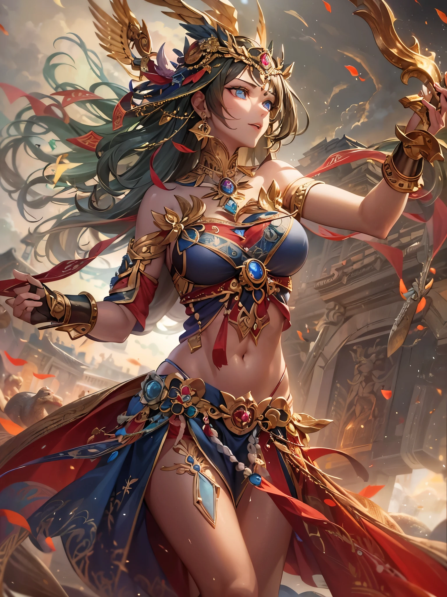 ((Highest quality)),(Ultra-high resolution),(Ultra-detailed new),(Detailed Description),((The best CG)),(masterpiece),Highly detailed art,A wonderful new art form,(Art with precise details:1.5), (War Goddess:1.3),(Frenzy Dance:1.3),sword,gun,Hoko,Bow and Arrow,snake,eagle,lion, Crushing, blasting, Flow, impact, sapphire,Ruby,Emerald,opal,amethyst