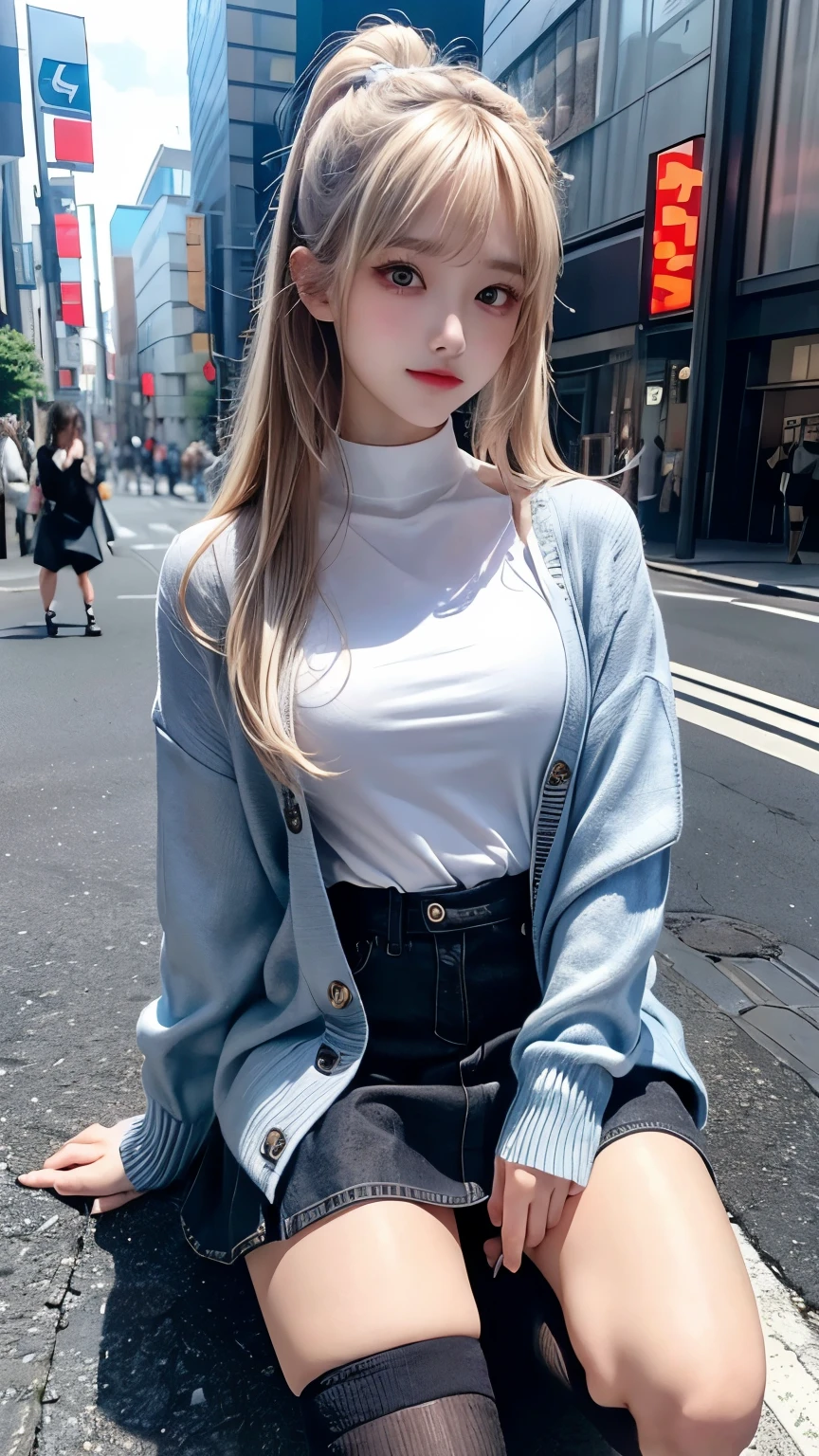 (8K、Raw photography、top-quality、masterpiece:1.2),Detailed face and eyes,Best Quality, 超A high resolution, Highly detailed ,intricate detailes ,masutepiece ,Cute Girl , Soft cinematic light, Hyper-detailing,Sharp Focus, High quality, blondehair, Longhaire, out,((light blue cardigan)),((White shirt)),(Denim miniskirt)、Black socks、(Black knee socks)、(Loafer shoes)、on tokyo street、natta、A city scape