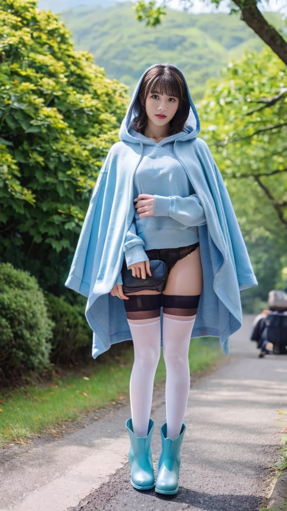 Beautiful woman in clothes、Female height 172 cm、Women in Their 20s、(​masterpiece))、top-quality、high-level image quality、Ultra-detail、ighly detailed、face perfect、((solo))、full bodyesbian、Background 4K、cape:whole body:an legs=1:2:4、Perfect Style、the perfect body、Beautiful body、clong legs、g-cup、large full 、big butts、Biful waist、a short bob、Light blue hair、Eyes are ice blue、A detailed eye、outside of house、stockings、long boots、cropped hoodie、Shoulder bag、takeout、Town