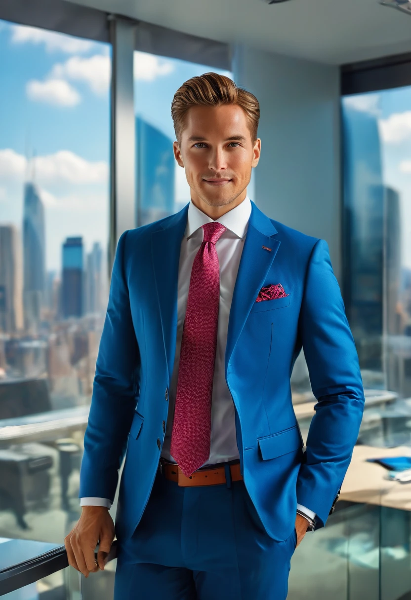 (Best quality,8K,A high resolution,Masterpiece:1.2), UHD, Realistic, portrait, res, Robust construction,Vivid colors, Subtle shadows, vibrant color palette. Businessman standing confidently with a smile, hands in model pose, in a modern office with glass windows overlooking a cityscape, wearing a tailored dark blue blazer suit, white shirt, and professional tie color.