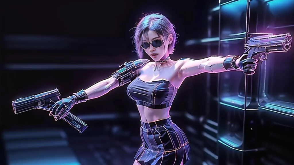 at night, futuristic sci-fi cyberpunk city, broad viaduct, skyscrapers at the end of the viaduct, the movie "13th Floor" style, hq. Matrix style, at night, (1girl, solo), photo realistic, (large-breast:1.2 slim body, cleavage), (((tube top, extreamly short pleated (((miniskirt))) exposing panty))), (((((matrix style black sunglasses))))), (((((aiming at camera with a (pistol)))))), (((half-body (thigh level) medium shot))), (cinematic lighting).