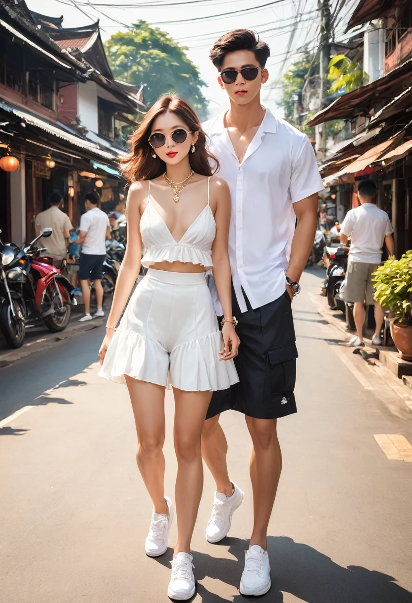 candid fashion photography of ((young man and woman)), both aged 20-25 year old, showcase fashion outfits in a ((White rayon outfits)), inspired by JACQUARD's spring-summer collection in elegant luxury style, The man wears an oversized short-sleeved white shirt with a sporty details, paired with relaxed-fit white Sports Shorts with semi hard bulge, He completes his look with white sneakers and sunglasses. The woman complements him in Ankle-length dress in white, featuring a deep V-neckline  and spaghetti shoulder straps, with Gathered detail tiers down the skirt and hem, Her ensemble includes an accessorizes  white sneakers and full of necklace. Captured in a low angle, ((full-body image)) ,Photographed with a a Canon EOS R6 with Sigma AF 85mm F1.4 EX DG HSM, utilizing natural light, the image employs shadows to enhance features and add depth to the composition. The careful layering and arrangement of body parts and surrounding objects ensure a flawless composition. This masterpiece celebrates the beauty of the models and invites viewers to immerse themselves in a world of sophistication and charm. The seductive lighting and intricate details, combined with a dramatic composition, capture the essence of a fun-filled day brimming with joy and relaxation. Attention is meticulously paid to the layers and arrangement of body parts and surrounding objects, ensuring correct body structure and photo distance. The romantic atmosphere, lively Chiang Mai Old city old town street setting, extremely gorgeous background, completes this captivating scene,  ((Pay attention to the layer and arrangement of body parts and surrounding objects)), ((Pay attention to the body composition)), ((Correct body structure)), ((Correct photo distance)),