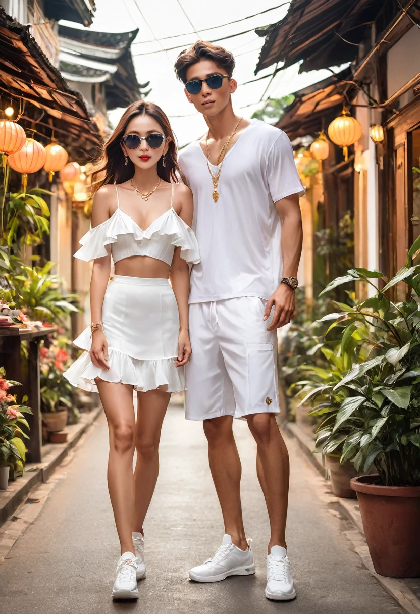 candid fashion photography of ((young man and woman)), both aged 20-25 year old, showcase fashion outfits in a ((White rayon outfits)), inspired by JACQUARD's spring-summer collection in elegant luxury style, The man wears an oversized short-sleeved white shirt with a sporty details, paired with relaxed-fit white Sports Shorts with semi hard bulge, He completes his look with white sneakers and sunglasses. The woman complements him in Ankle-length dress in white, featuring a deep V-neckline and spaghetti shoulder straps, with Gathered detail tiers down the skirt and hem, Her ensemble includes an accessorizes white sneakers and full of necklace. Captured in a low angle, ((full-body image)) ,Photographed with a a Canon EOS R6 with Sigma AF 85mm F1.4 EX DG HSM, utilizing natural light, the image employs shadows to enhance features and add depth to the composition. The careful layering and arrangement of body parts and surrounding objects ensure a flawless composition. This masterpiece celebrates the beauty of the models and invites viewers to immerse themselves in a world of sophistication and charm. The seductive lighting and intricate details, combined with a dramatic composition, capture the essence of a fun-filled day brimming with joy and relaxation. Attention is meticulously paid to the layers and arrangement of body parts and surrounding objects, ensuring correct body structure and photo distance. The romantic atmosphere, lively Chiang Mai Old city old town street setting, extremely gorgeous background, completes this captivating scene, ((Pay attention to the layer and arrangement of body parts and surrounding objects)), ((Pay attention to the body composition)), ((Correct body structure)), ((Correct photo distance)),