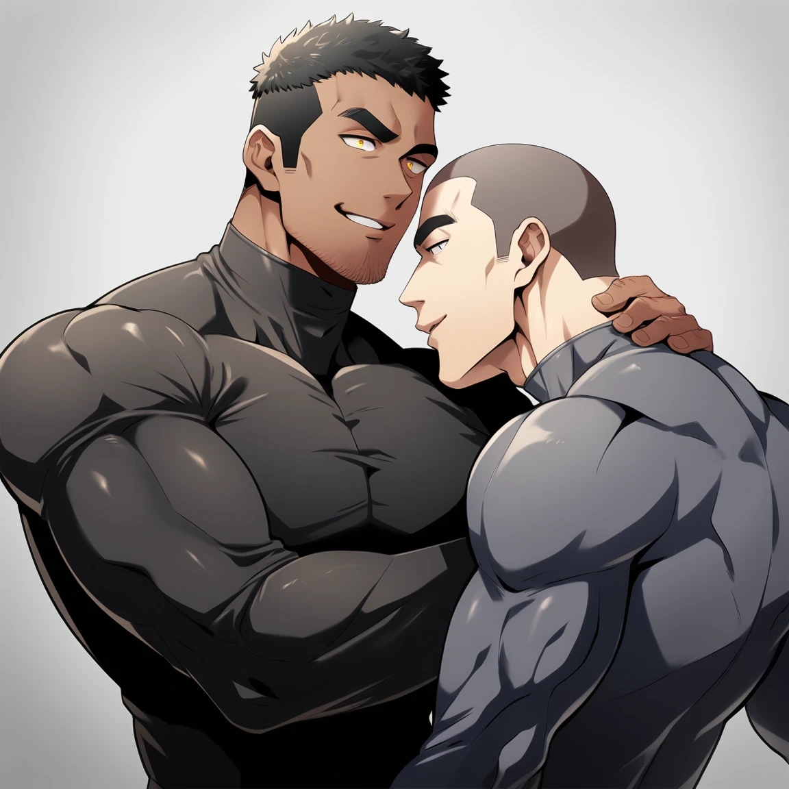 anime characters:Two superheroes in tights, Muscle Sports Student and Muscle No Face No Eyes skinhead superhero, No Face, black skin, They hugged and kissed each other, Bite your neck, Caress, Manliness, male focus, Yellow and black high collar long sleeve tight T-shirt, Slightly transparent material, Very tight, Round, full and perky chest muscles, Muscle waist, Slightly transparent, muscular male, muscular, only, Upper body, alone, Black short hair, Thick eyebrows, stubble, Yellow eyes, Grey background, simple background, amazing quality, best aesthetics, Ridiculous, bright pupils, crew cut, parted lips, seductive smile, torogao, naughty face, drop shadow, best quality