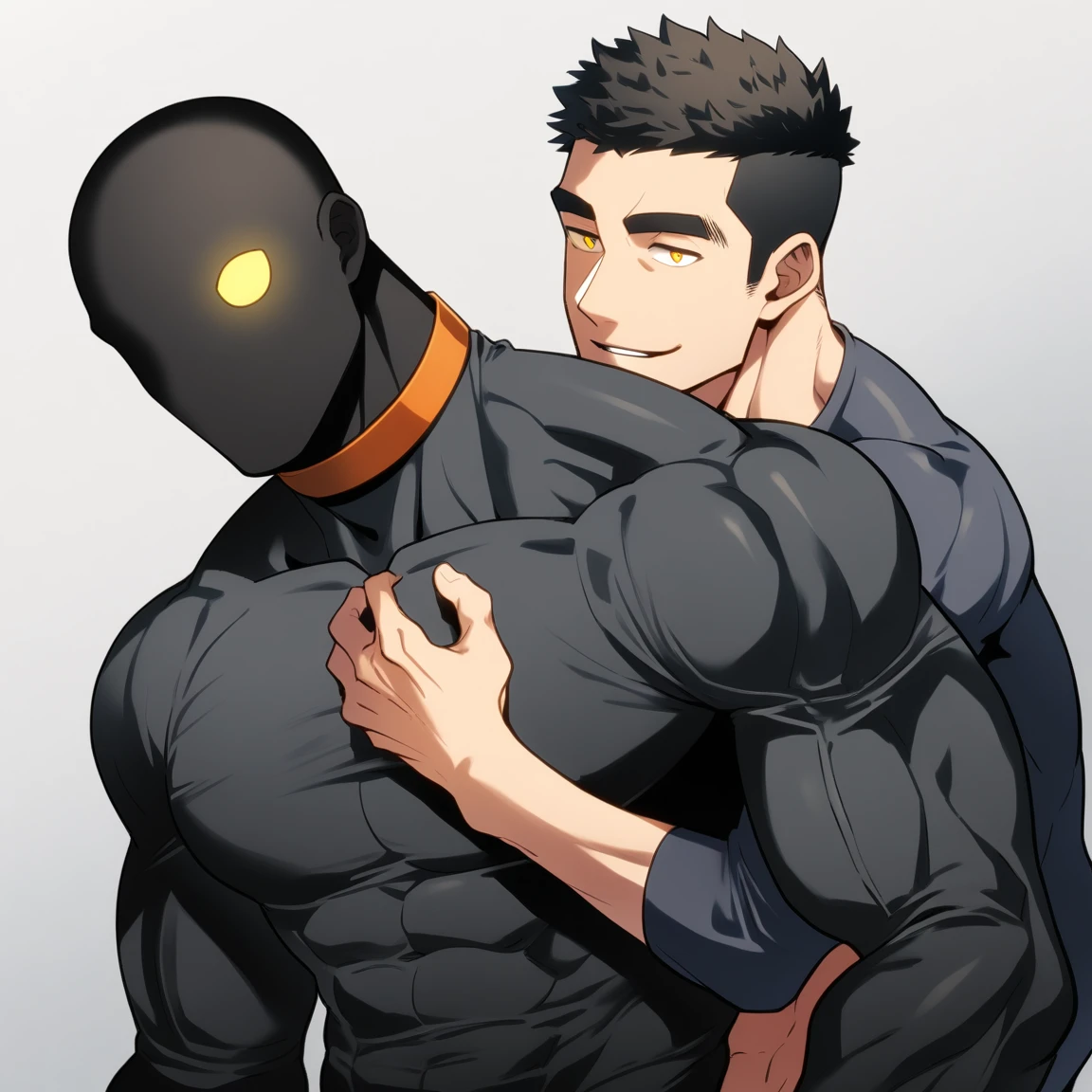 anime characters:Two superheroes in tights, Muscle Sports Student and Muscle No Face No Eyes skinhead superhero, No Face,negro black skin, They hugged and kissed each other, Bite your neck, Caress, Manliness, male focus, Yellow and black high collar long sleeve tight T-shirt, Slightly transparent material, Very tight, Round, full and perky chest muscles, Muscle waist, Slightly transparent, muscular male, muscular, only, Upper body, alone, Black short hair, Thick eyebrows, stubble, Yellow eyes, Grey background, simple background, amazing quality, best aesthetics, Ridiculous, bright pupils, crew cut, parted lips, seductive smile, torogao, naughty face, drop shadow, best quality