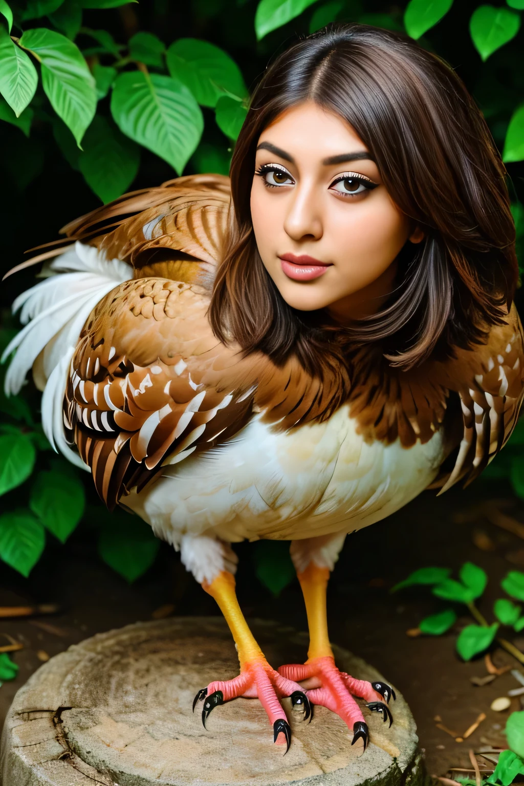 Hansika Motwani is a hen bird, She is a bird but her head looks like girl, from neck to full body looks like hen bird. Hen legs, hen wings. Bird body, hen body, perfect picture, perfect bird, real bird, Real head replace with real hen head. Exact Bird. Colorful hen.