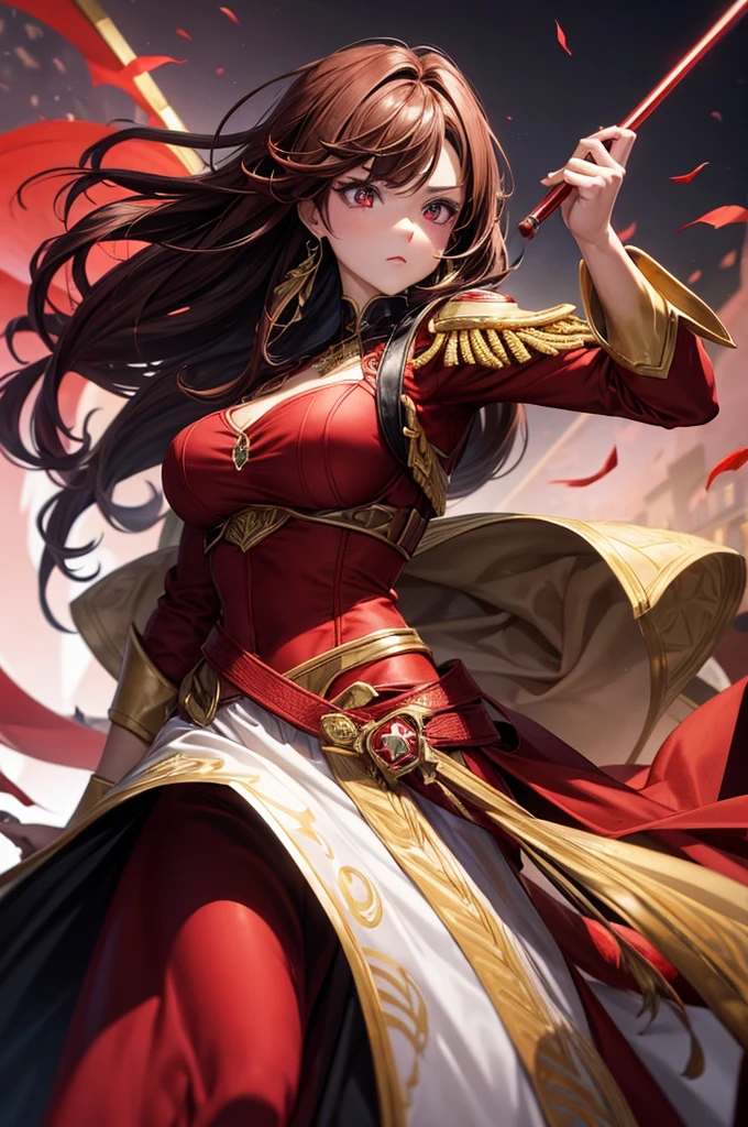 make a character well dressed with red and scarlet eyes and beautiful brown hair and well dressed with a Batalhaa costume and a look of Superiority