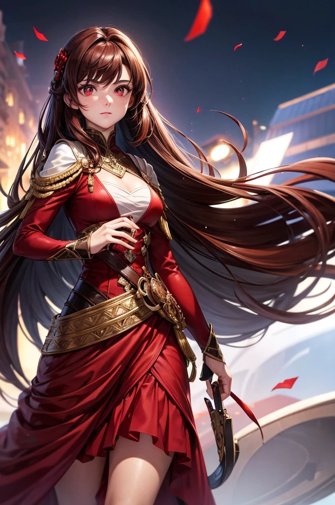 make a character well dressed with red and scarlet eyes and beautiful brown hair and well dressed with a Batalhaa costume and a look of Superiority