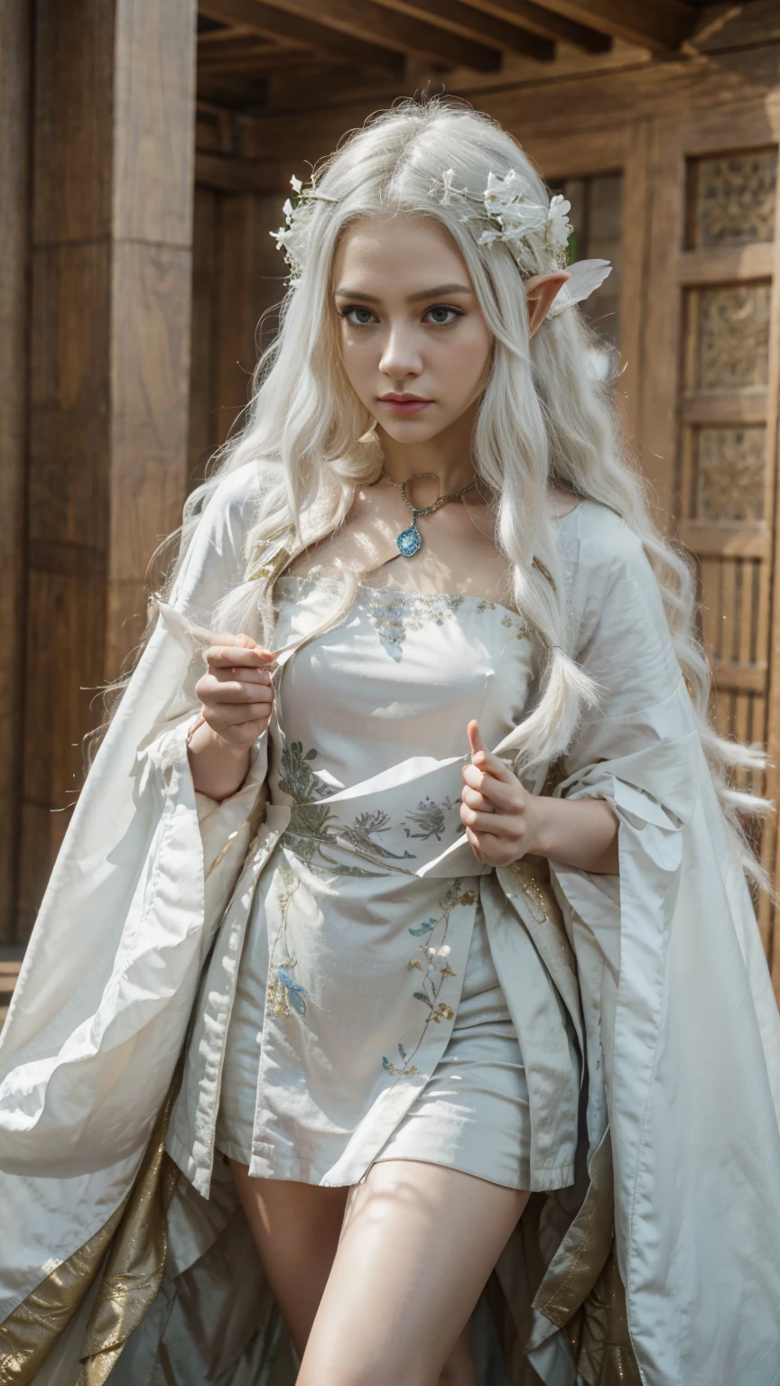 The female elf had a white aura around her.,standในปราสาทเอลฟ์มีน้ำตก,stand,Long white hair with flowers on it,Beautiful white elf outfit,standในปราสาทหินปูนสีขาว,Behind there is a large castle.,the Lord of the Rings