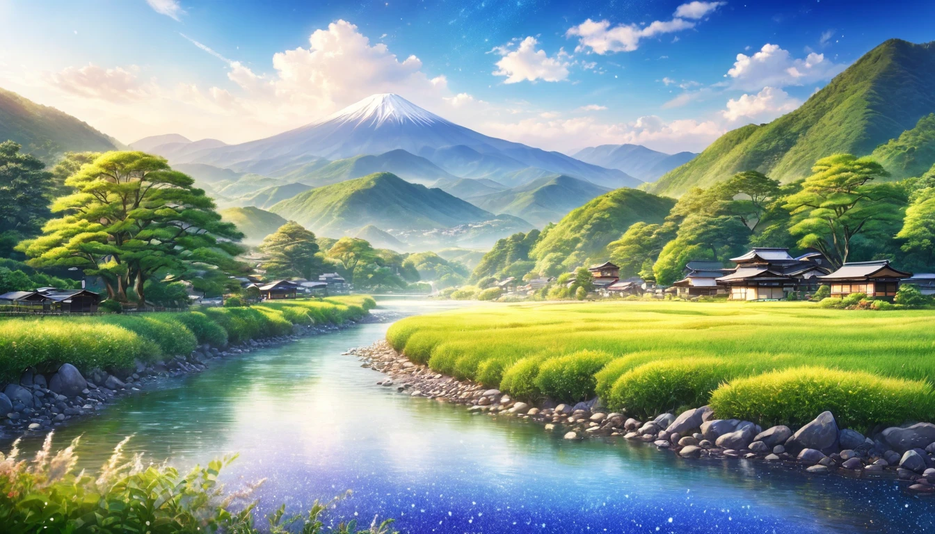 Japanese countryside,Beautiful Japan,Mountains and Rivers,Summer sky,Blur the background,Glitter effect,Highest quality, 8K, High resolution, masterpiece:1.2, Very detailed, Realistic:1.37, High resolution, 超High resolution, Ultra-fine painting, Very detailed, Professional, Vibrant colors