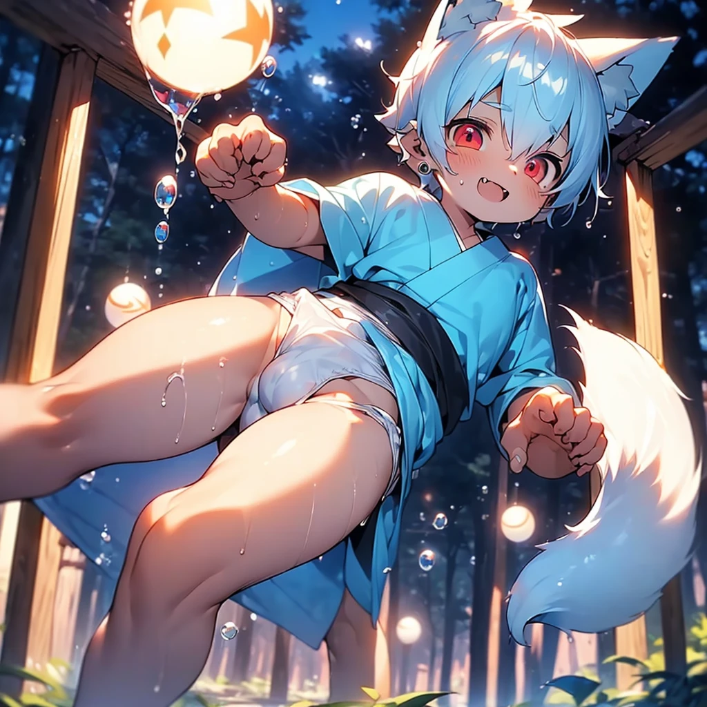 (solo:2), (boldline:-1.7), (dynamic), (paw pose:1.4), (arched back), ((bubble)), (standing:1.5), (spread legs:1.3), (((fang))), (((best finger))), BREAK (best quality:1.5), (absolutely resolution:1.5), (ultra detailed:1.5), (masterpiece:1.5), (perfect face), (detailed face), (detailed eyes), (best eyes), (cute face), (shota:2.1), BREAK (blue kimono:1.5), BREAK (white loincloth:1.5), (fox ears:1.5), (fox tail:1.75), (see throgh wet clothes:1.3), (bulge:1.6), (skinny:1.3), BREAK (light blue hair:1.5), (spiked hands), (wine red eyes:1.4), (eyes with highlight:1.6), ((mole under eye)), (sweaty skin), (chuckling:1.5), ((earrings)), (shiny skin:1.3), BREAK (forest:1.5), (blue orbs:1.5), (((at night))), ((wind blowing)), (((nipple))), ((abs)), (groin), ((from below)), look down,