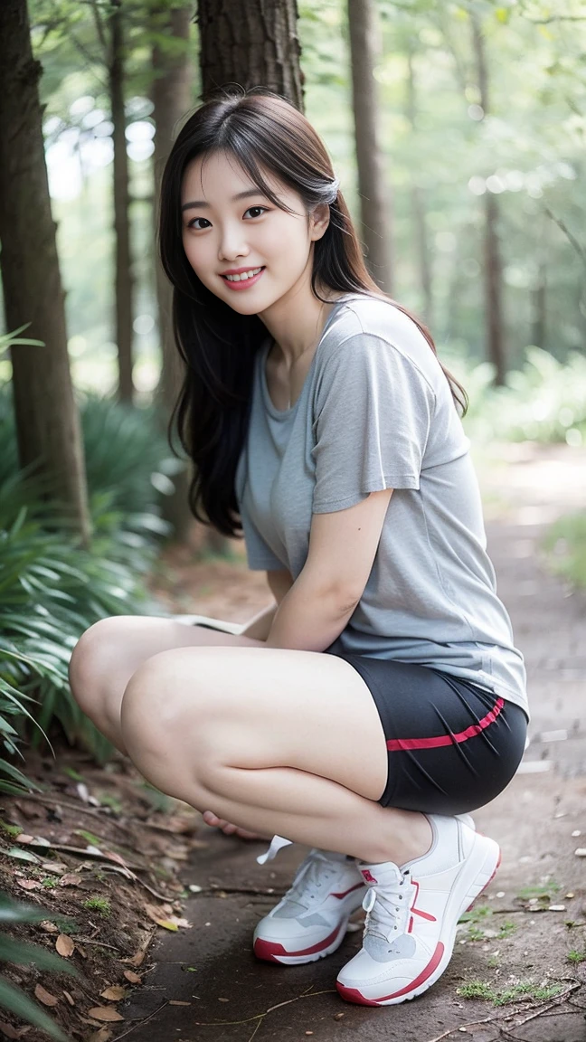 masterpiece, best quality, Surreal, Ultra Detailed, 8k resolution, RAW photos, Clear focus, (A girl in the forest), ((light gray shirt:1.1)), sleeveless, sports Shorts,Full body posture, Solitary, Perfect body, Become a, 32 inches in the chest,(a charming smile:1), (sexy pose),26 years old, light,White shoes