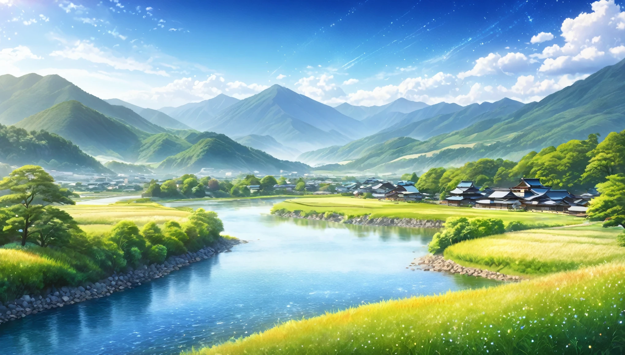 Japanese countryside,Mountains and Rivers,Summer sky,Blur the background,Glitter effect,Highest quality, 8K, High resolution, masterpiece:1.2, Very detailed, Realistic:1.37, High resolution, 超High resolution, Ultra-fine painting, Very detailed, Professional, Vibrant colors