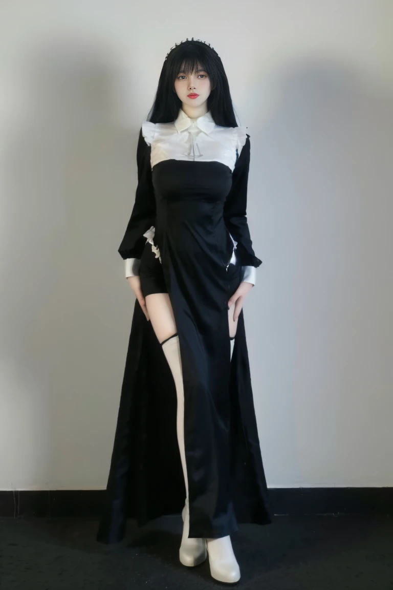 best quality, tmasterpiece,Ultra-high resolution,Clear face,(Reality:1.4),ferpect lighting,(full body photo), (photorealistic:1.50), anime wallpaper, Guviz style artwork, cover-up fantasy up to magic , by Yang J, Guviz, beautiful artwork illustration, beautiful digital artwork, beautiful digital illustration, Li Song, beautiful anime portrait, art style in Beauvot, 1girl,独奏,(pale skin),perfect body,(glossy skin),(Supergiant huge breasts:1.1),habit,black eyes,long hair, black hair,looking at viewer,(1 breast),white_thighhighs,(close-up photo) ï¼nun, Two-tone dress, (Black sleeves:1.1),