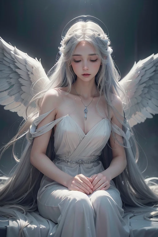 a beautiful female angel, detailed angelic face, long flowing hair, white wings, glowing halo, ethereal expression, heavenly light, serene and peaceful, (best quality, 8k, highres, masterpiece:1.2), ultra-detailed, photorealistic, dramatic lighting, intricate details, digital painting, cinematic composition, muted color palette, soft focus, dramatic shadows, mystical atmosphere