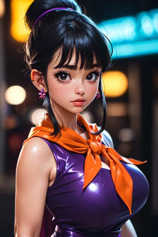 (Surreal,32k,RAW photos:1.1),(High Detail Skin:1.1), 8K Ultra HD, Digital SLR Camera, high quality, Film Grain, (cosmetic, mascara:1.1), Lips,(Gentle\Lips\),
(Shiny, translucent clothing:1.1), Dragon Ball, Bbchichi, single Hair Bun, Hair Bun, Bangs, Side lock, black eyes, earrings, Orange scarf, Orange scarf, Purple dress, sleeveless, bracelet, Huge breasts, ,(((Full and soft breasts,)))(((Huge breasts))) (((Cleavage))) (Perfect curvy figure),
(Looking at the audience, portrait:1.1),,
(plump:1.1) , (Chubby:0.1),(Soft neon lights:1.1),Dark theme, extremely clean、A modern and well-organized place