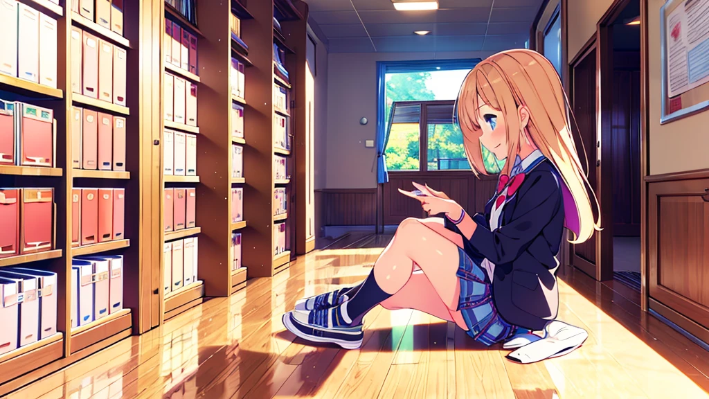 Masterpiece, Best Quality, ultra detailed,(change),it's anime, ,anime moe art style,cartoon style illustration, (pretty eyes), ((beautiful)), beautiful, (beautiful),, , shiny skin, ,ultra high resolution, 
1 girl,whole body,,SMILE,school jacket,A girl putting on shoes in a shoe rack,school entrance hall,short sleeves,mini skirt,interior,profile,