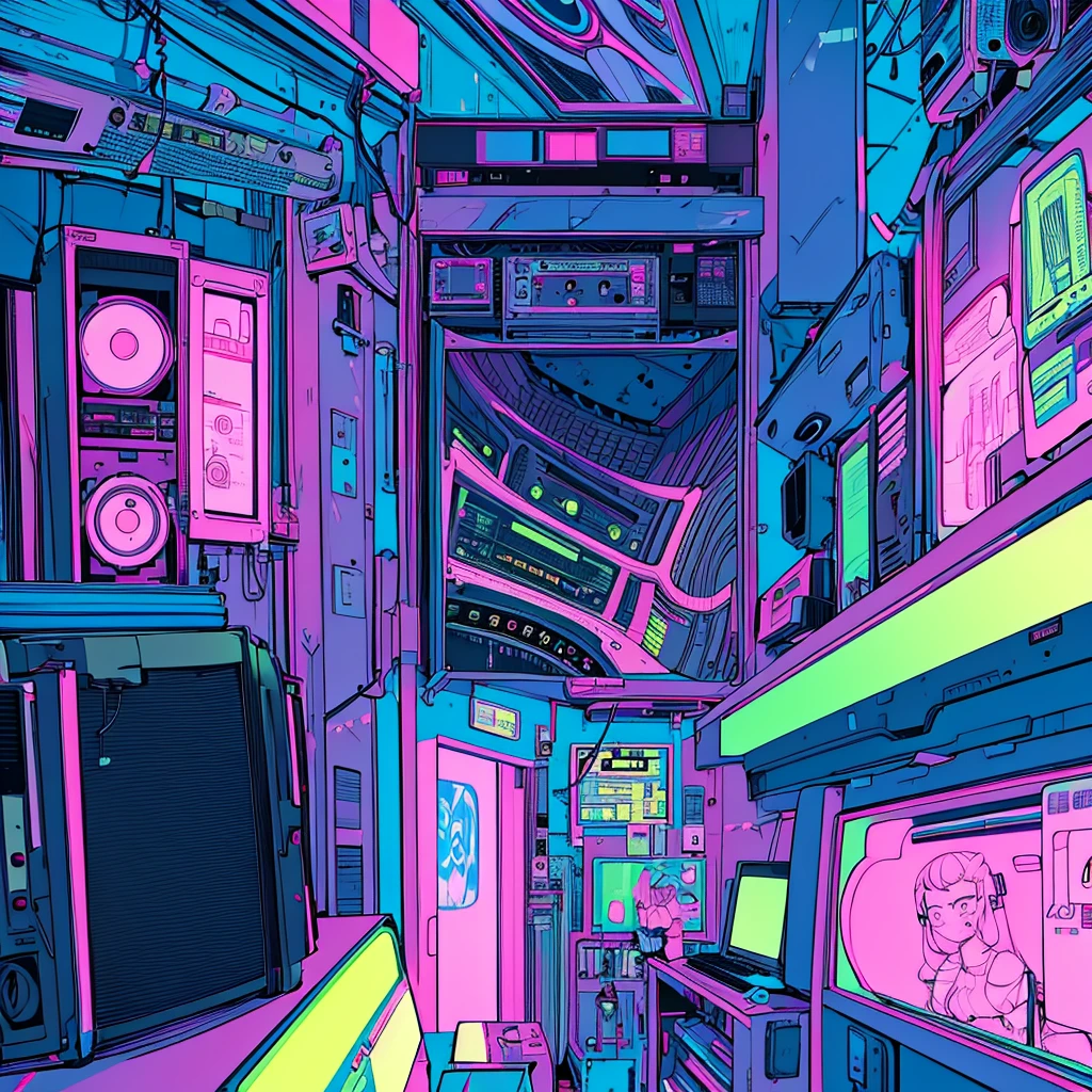 Best quality, (masterpiece:1.2), best detail face,1 girl, big breasts, 18 yo, 8k,absurdres,unity 8k wall paper,(extremely detailed:1.3), highest realistic, (retro headphones:1.1), (soft neon light:1.1), (psychedelic:1.2), Her room full of music equipment, Light clothing in summer, See the whole room, dark yellow color palette, The weather outside can be seen from her room window.