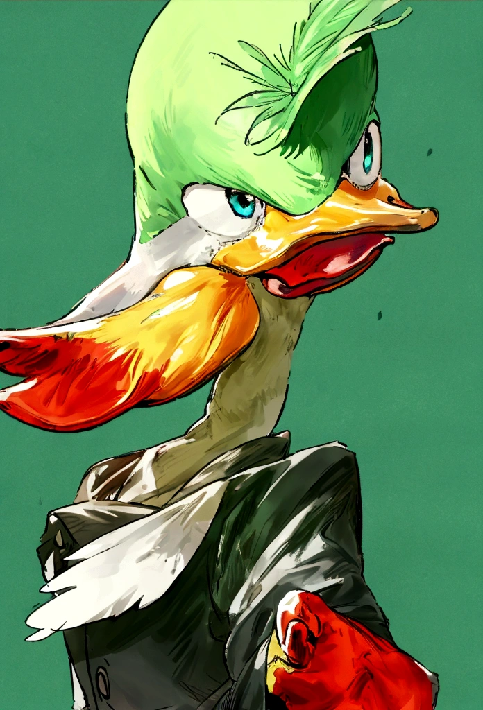 an anime-style humanoid duck with green feathers