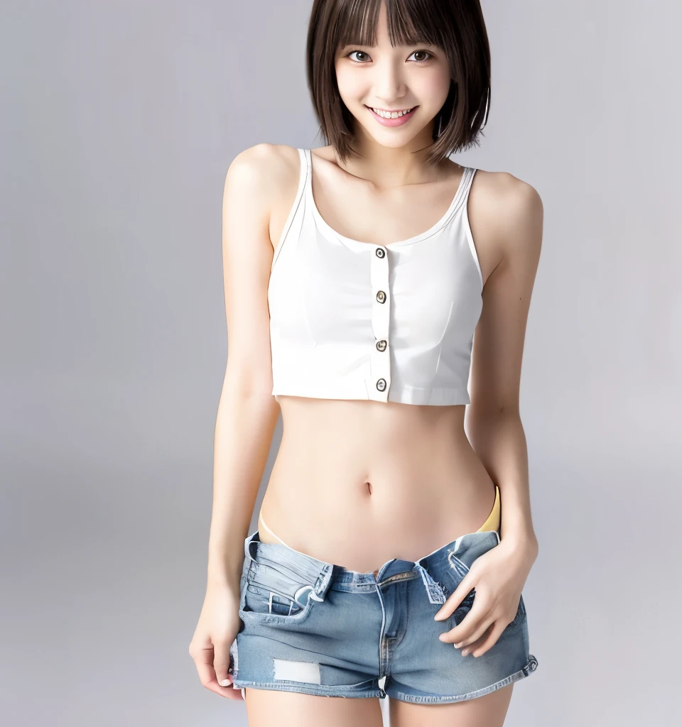 Highest quality、Ultra-high resolution、masterpiece、、Clear photos、(very cute日本の女の子)、smile、(whole body)、(very cute!)、thin、Very short hair、(Low-rise denim shorts:1.6、Unbutton、Pull-down denim shorts)、(White panties are visible)、 White tank top、Vivid depiction