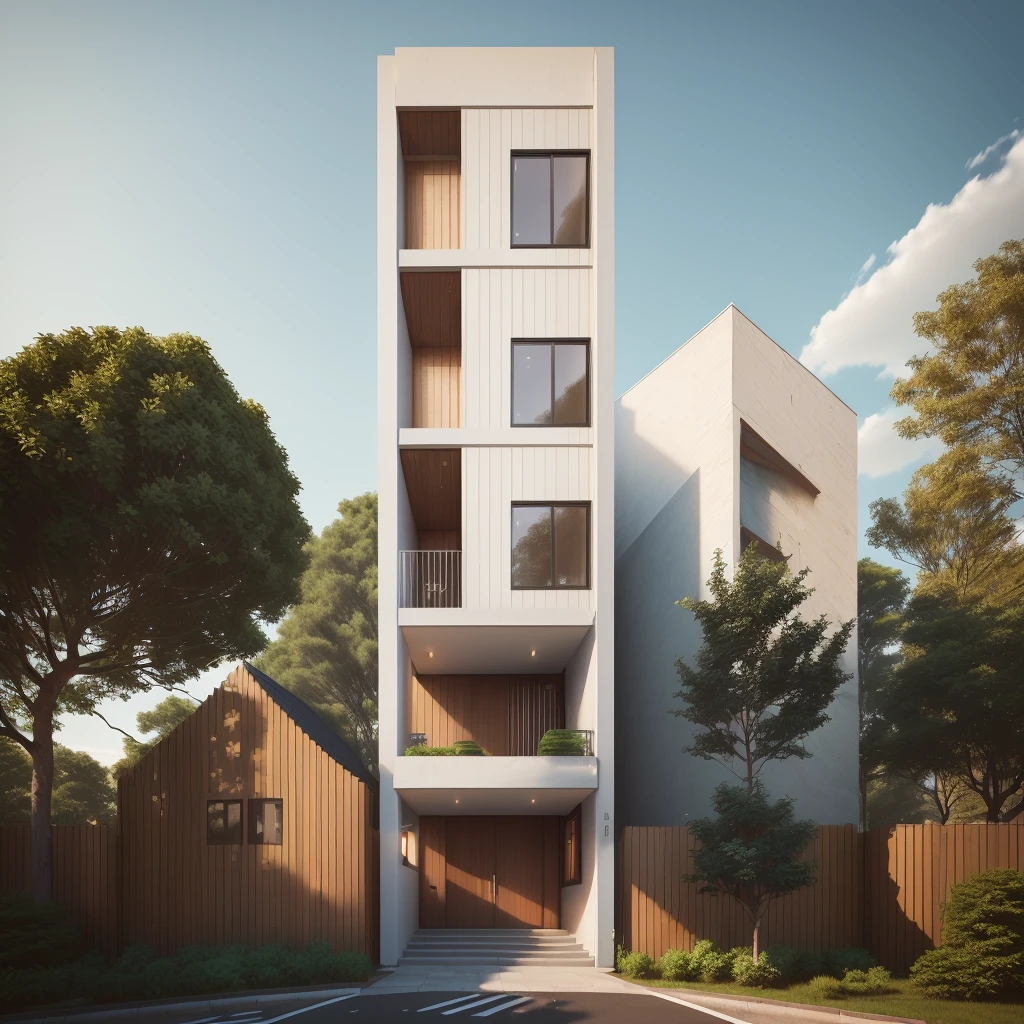 a rendering of a tall building with a small house in the background, elevation view, 3 / 4 view, 3/4 view, front-view, 3/4 view realistic, front elevation view, front perspective, conceptual, architectural section, frontview, 3/4 view from below, architectural concept, perspective view, complete house, mid-view, street elevationTownhouse in city, (sharp focus) front view of townhouse in style of modern, Vietnamese architecture, east asian architecture, town, mutual colours, soft lighting, blue sky, daylight, warm light, warm atmosphere, high Resolution, 8k, hdr, vray render, hyper realistic, ultra detail, hyper detailed, exterior design professional photography, exterior photography, wide-angle shot, real world location, road sign, cityscape, pavement, (brown wooden ceilings, ceiling light, glass bancony, the front wall of the ground floor is made by black granite), (bancony have many trees, plans, ivy, palm), black iron fame, glass panel