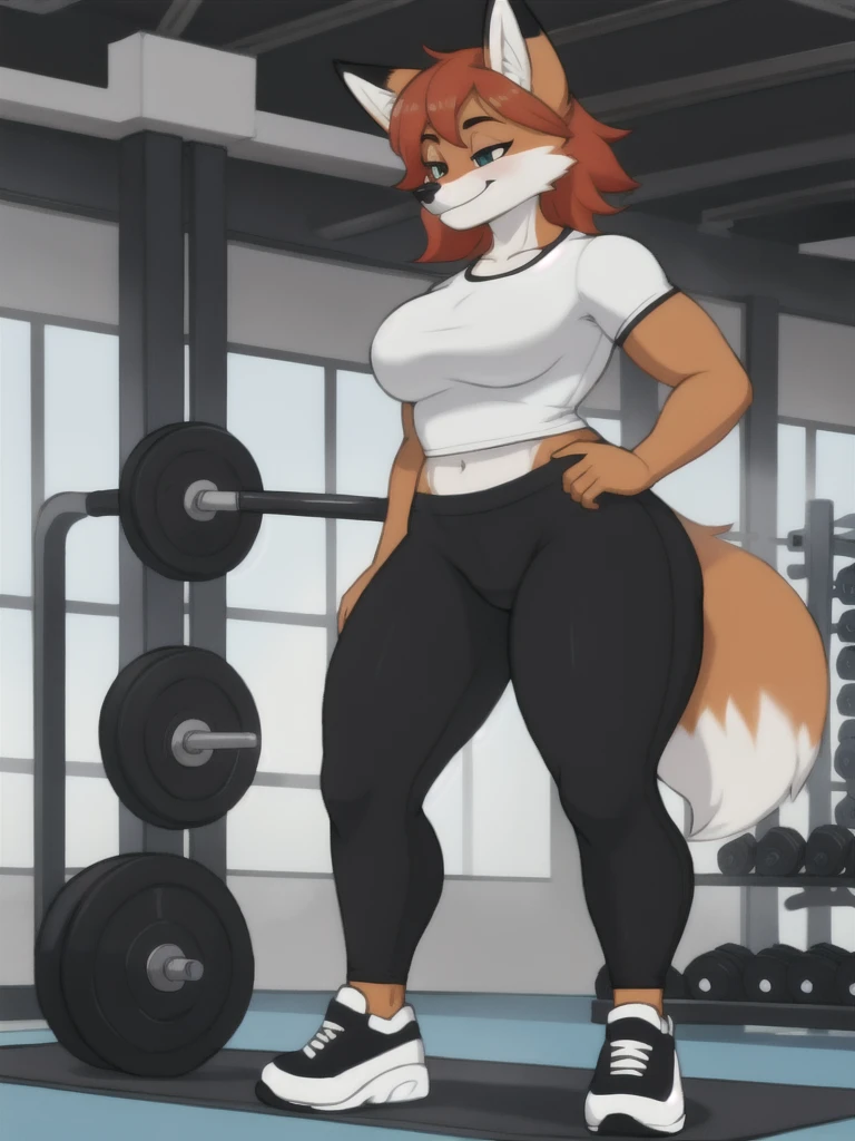 Furry, fox, female, white shirt, black leggings, shoes, gym, teen, standing, full body
