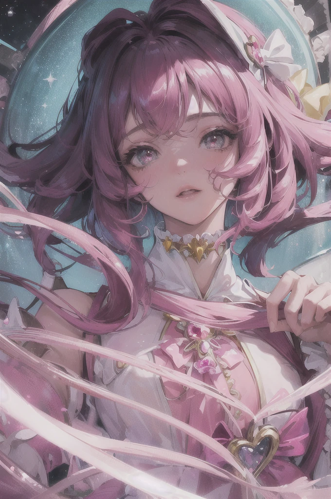 (highest resolution, distinct_image) Best quality, a female's masterpiece, highly detailed, semi realistic,(most of body), (best quality, masterpiece, ultra-realistic), portrait of 1 beautiful girl, a cartoon girl in a pink and yellow dress and a bow is dancing, magical girl anime mahou shojo, style of magical girl, portrait of magical girl, humanoid pink female squid girl, magical girl, my dress up darling anime, sparkling magical girl, official art, official character art, black long frills, and black eyes, !!full body portrait!!,crystal browb eyes, African American,dark skin,black skin