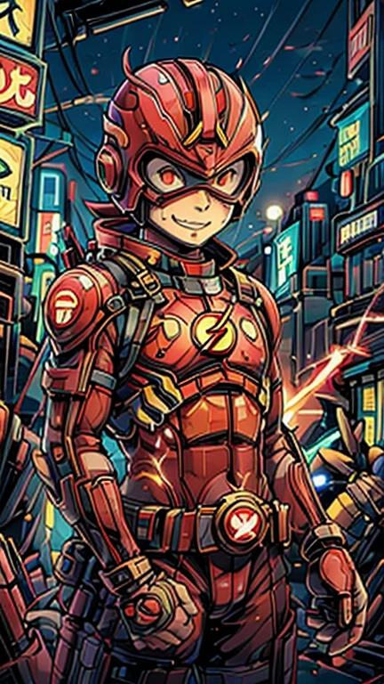 (8k),(masterpiece),(Japanese),(13-year-old boy),((innocent look)),((Childish)),From the front,smile,cute,Innocent,Kind eyes,Flat chest, Red Helmet, Red Domino Mask, The Flash Costume,short,Hair covered by the helmet,Blonde Hair,Strong wind,night,dark, Neon light cyberpunk city