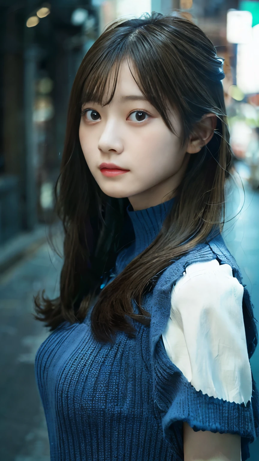 Flying debris、highest quality、shape、 Very detailed、The finer details、 High resolution、8K Dende Wallpaper、Perfect dynamic shape、24 year old beautiful girl、clear、Beautiful face in every detail、Beautiful eyes in every detail、Rough skin、A faint smile、Small breasts、Knitted dress、Neon Light、Blue background,whole body、Navy blue clothes