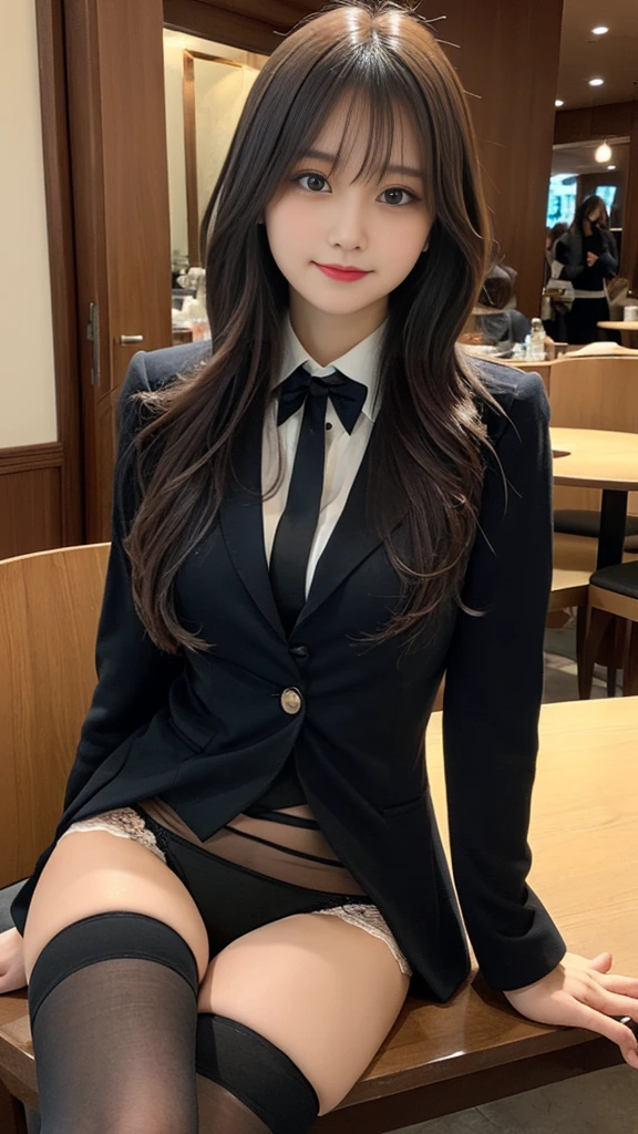 Tabletop, Highest quality, shape, Very detailed, finely, High resolution, 8k wallpaper,short hair、 完璧なダイナミックな構shape, Beautiful and beautiful eyes, suit,Natural color lip, smile、18-year-old girl,If you are wearing black tights or stockings、Plump thighs、Shortcuts、Luxury lace panties、