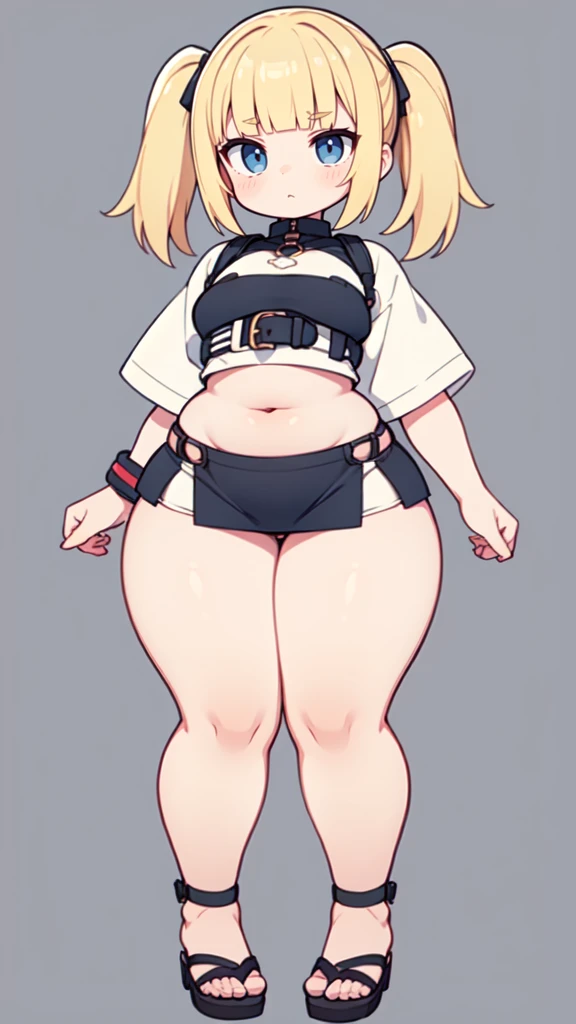 blank background, (((full body))), (masterpiece), ((best quality)), flat chest, blunt bangs, short twintail, (wide hips:1.6), (thick thighs:1.4), (very short skirt), sandals, belt below navel, fanny packs, blonde