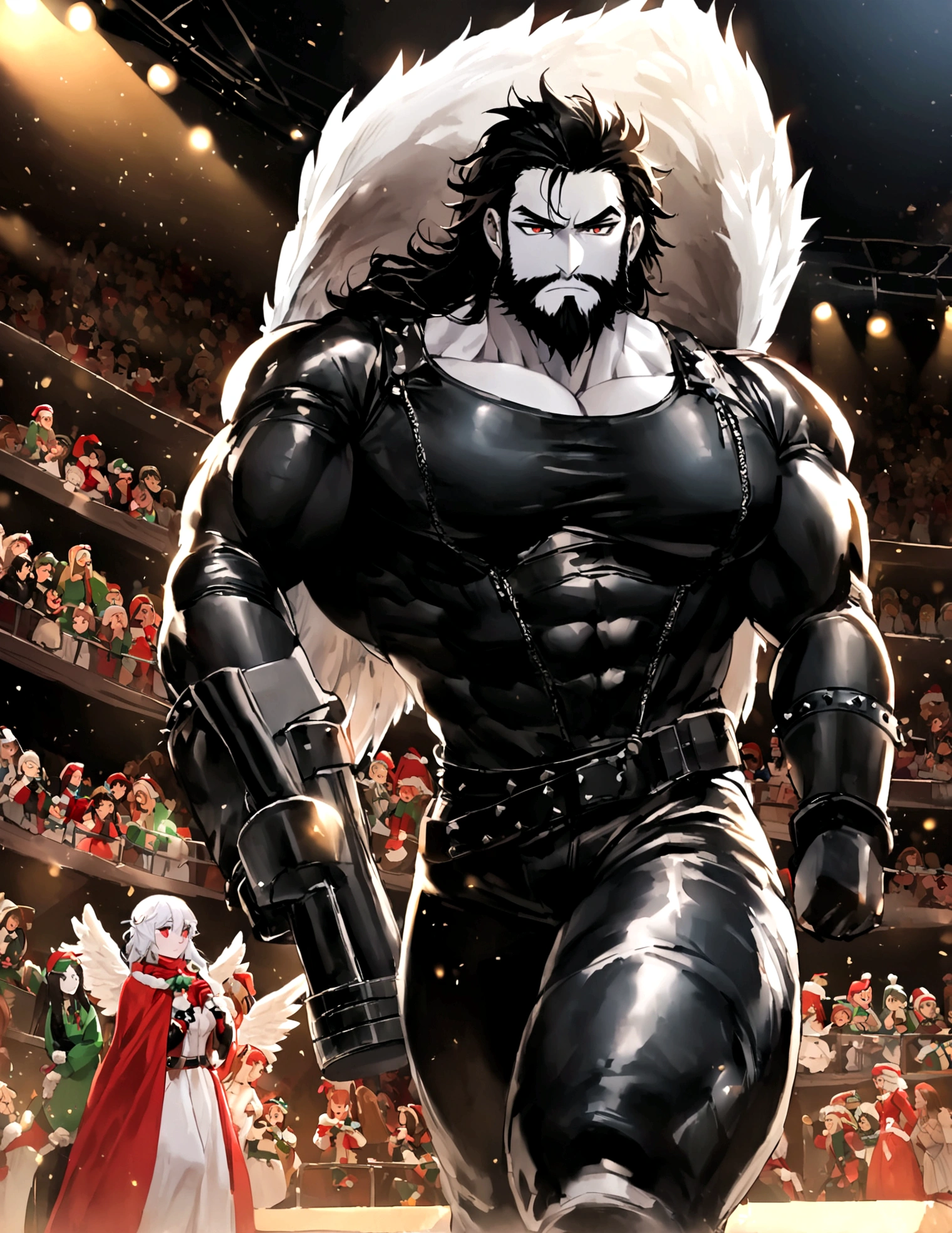 DC comics Lobo (pale white skin, deep red eyes, pitch black mullet and scraggly beard, powerfully muscled, leather space biker outfit with a lot of metal stud trim, huge gun) is wearing angel wings to infiltrate a Christmas play. A bunch of lovely women in angel outfits are trying to avoid Lobo on the stage.