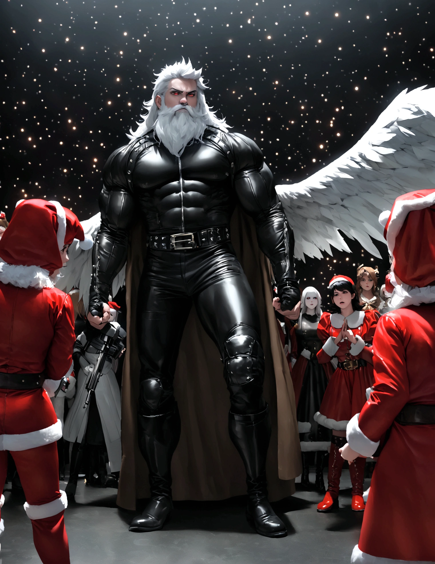 DC comics Lobo (pale white skin, deep red eyes, pitch black mullet and scraggly beard, powerfully muscled, leather space biker outfit with a lot of metal stud trim, huge gun) is wearing angel wings to infiltrate a Christmas play. A bunch of lovely women in angel outfits are trying to avoid Lobo on the stage.