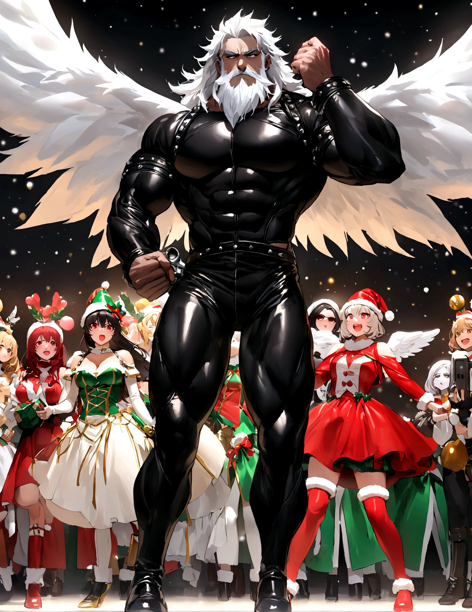 DC comics Lobo (pale white skin, deep red eyes, pitch black mullet and scraggly beard, powerfully muscled, leather space biker outfit with a lot of metal stud trim, huge gun) is wearing angel wings to infiltrate a Christmas play. A bunch of lovely women in angel outfits are trying to avoid Lobo on the stage.
