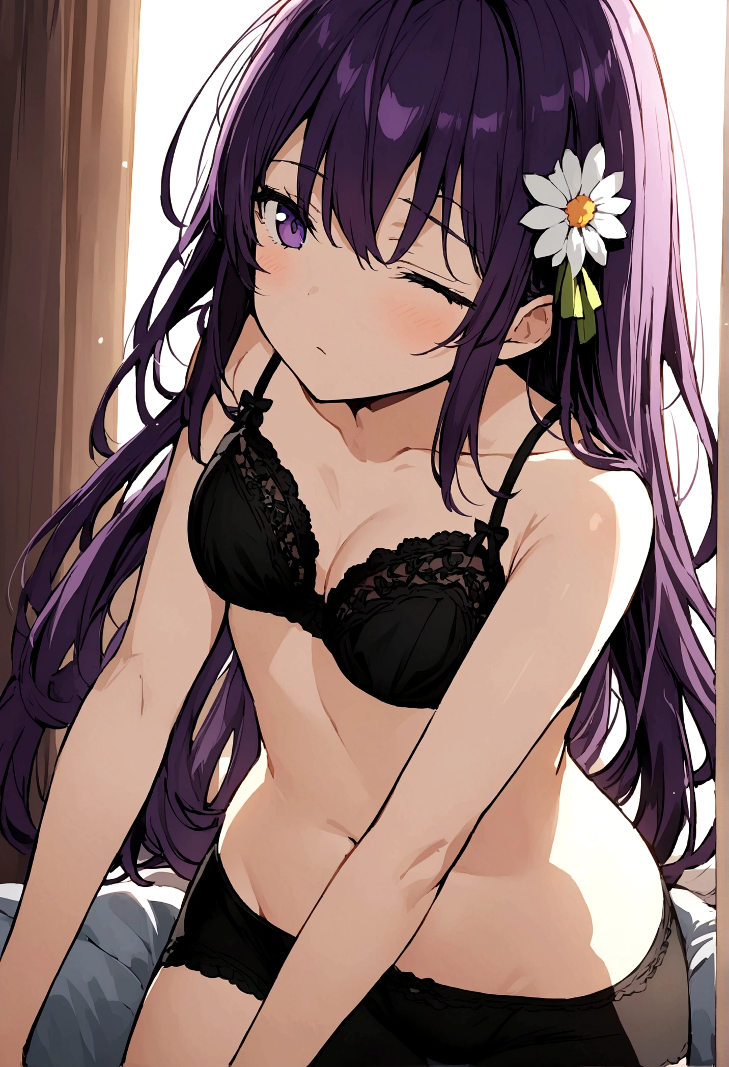 Anime girl with very long dark purple hair and a flower hair accessory waking up in the morning as she looks sleepy and her eyes were half closed wearing a black bra and a black underpants