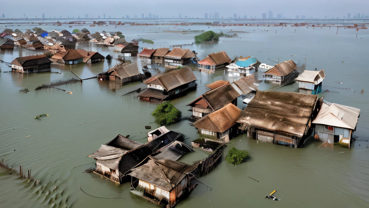 arafed houses are surrounded by water in a flooded area, flooded fishing village, subsiding floodwaters, flooded city, Floating buildings, flooded, completely flooded, Great images, Shashi, flood, floods, sf, Half facing left, Sandy, Amazing visuals, By Basuki Abdullah, A wonderful sight, House on stilts, Ren Heng