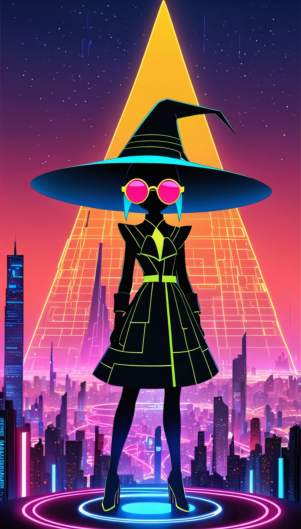 Thierry Muller (Thierry Mugler) style,Liu Ye style，1 little girl，Lolita figure，Loose hip-hop clothing，Giant wide-brimmed wizard hat，Silhouette，(((Neon round sunglasses)))，Can't see the eyes，Cyberpunk style，Neon glowing urban landscape，horizon，Detailed Lights，Incredibly intricate background，Line segmentation，Block architecture diagram，