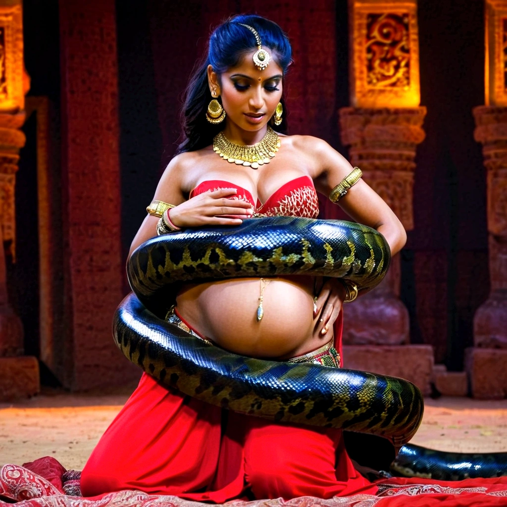 Pregnant Happy Horny, aroused 1girl), beautiful kneeling indian young belly dancer with giant colossal black titanboa squeezing her hard, wrapped in thick spiraling coils, constricted, struggle, gasping for air, snake attack, snake peril, moonless night, dim light