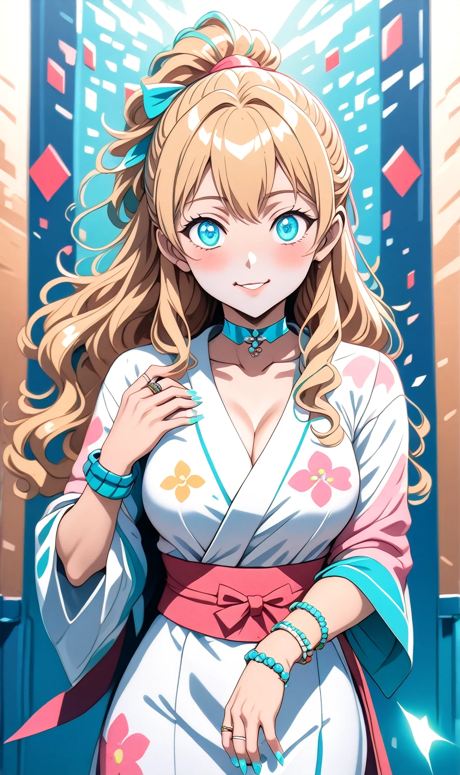 ((One personの女性)), Beautiful Face, (Laughing embarrassedly), ((cheerful grin:1.2)), ((Wink:1.9)), (head tilt:1.3), Laugh with your mouth wide open, upper teeth, looking at viewer, ((Bright red cheeks:1.2)),Glossy Red Lips,noon, Shrine festival stalls, Glossy red lips, (Shining Face), ((Anime style background)),masterpiece, Highest quality, so beautiful,up to date, Complex details, (Pink long nails), (nail art), (ring),(bracelet),(Floral choker),AI-generated, Complex,High resolution, Highest quality, super high quality,3D Images、3D Images,One person,Blonde long hair,High Ponytail, wavy hair, Anime woman posing for a photo, ((Fine grain、Lightly pigmented cyan eyes、Shining Eyes:1.3)), (Squint your eyes:1.1),a hyperRealistic , hyperRealistic , Realistic,Long and blonde anime woman, Smooth anime CG art, Pink large floral patternが刺繍された豪華な着物を着た女性, ((White long sleeve kimono)),((Pink large floral pattern)) ,Long flower hair ornament,Earrings,Mature Body,(Big Breasts:1.1),Tall,Abdominal muscles,Tight waist, (face focus),  (dutch angle:1.3),