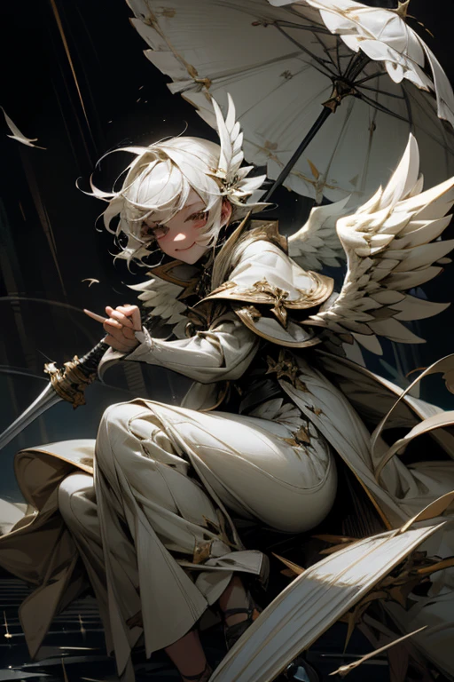 magician,White Dress,Angel Wings,Big umbrella,Rapier,heavy rain,destruction,Crazy,darkness,smile,I&#39;m sick,Masquerade Mask,human_no,droid,Deus Ex Machina,Light effects,Persona,horror style,artistic,rearistc,Black and grey world,perfect face,perfect face,dark fantasy,Shields float in the air around her.,Hold your hand,The End,masterpiece masterpiece,best quality best quality,super fine illustration,super detailed,dark dark dark,8k quality 8k quality,ultra quality ultra quality,perfect face perfect face,Break tsurime,shirp eyes,thick eyebrows,perfect eyes,