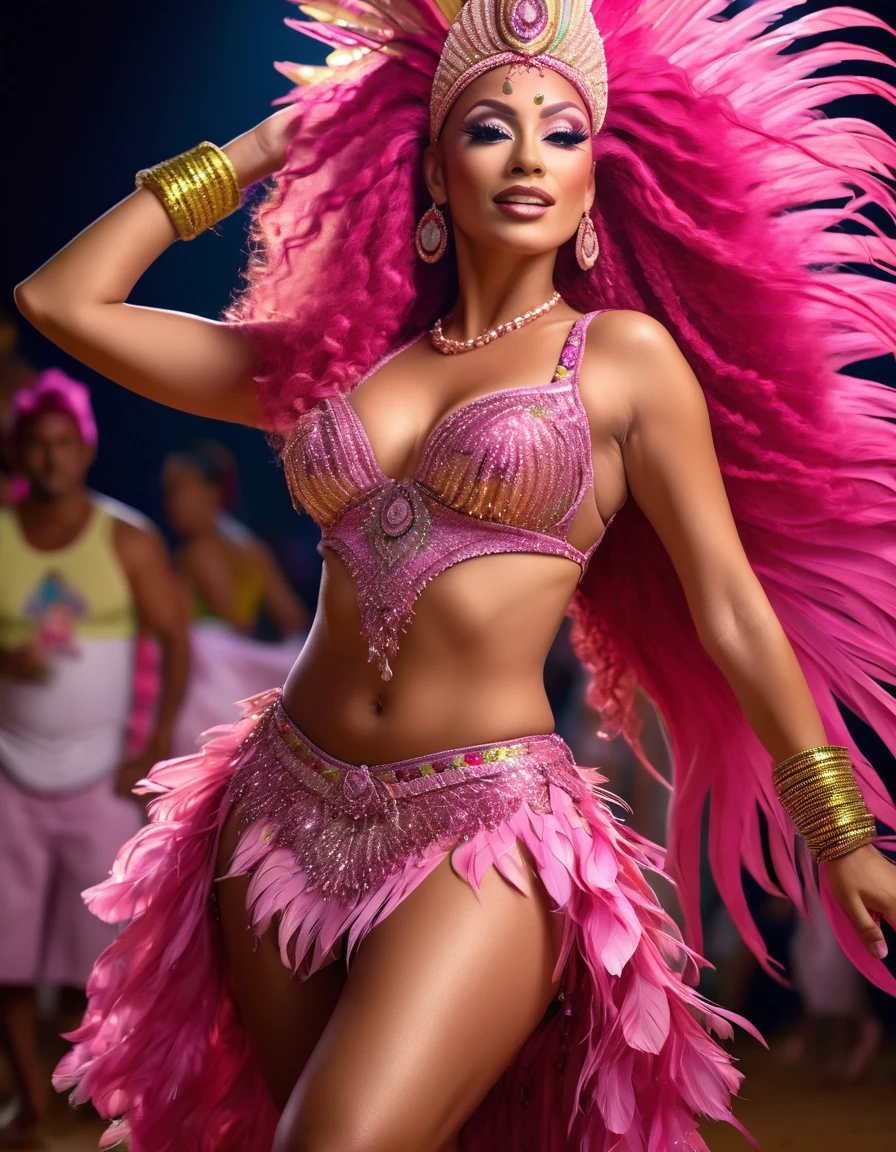 high resolucion, Masterpiece, Best Quality, ((Hasselblad photo)), Sharp focus, (Cinematic lighting), Soft lighting, Dynamic Angle, girl, Mature Brazilian woman, (Wearing a samba dance dress:1.2), carnival, Samba dress, fine detailed skin, Very long striaght pink hair, Highly pink tailed hair, high heels, large full breasts,a narrow waist,bare belly, sparkly skin, intricate detail, ((Cinematic light)), , Brazil, carnival, Colors, 8K,pink hair