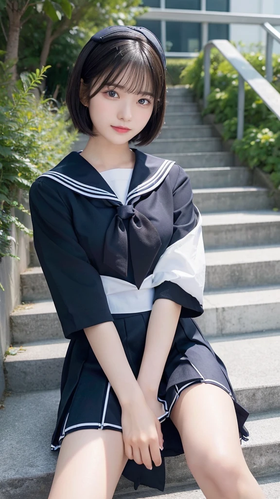 Black Hair、(School-designated sailor uniform:1.3)、short hair、hair accessory、Laugh a little、See-through、High-quality panties available、(Highest quality,masterpiece:1.3,Ultra-high resolution,),(Ultra-detailed,Caustics),(Photorealistic:1.4,RAW shooting,)Ultra-Realistic Capture,Very detailed,High resolution 16K human skin closeup。 The skin texture is natural、Detailed face and eyes、Knee Up、Sit on the stairy hair sways in the wind、