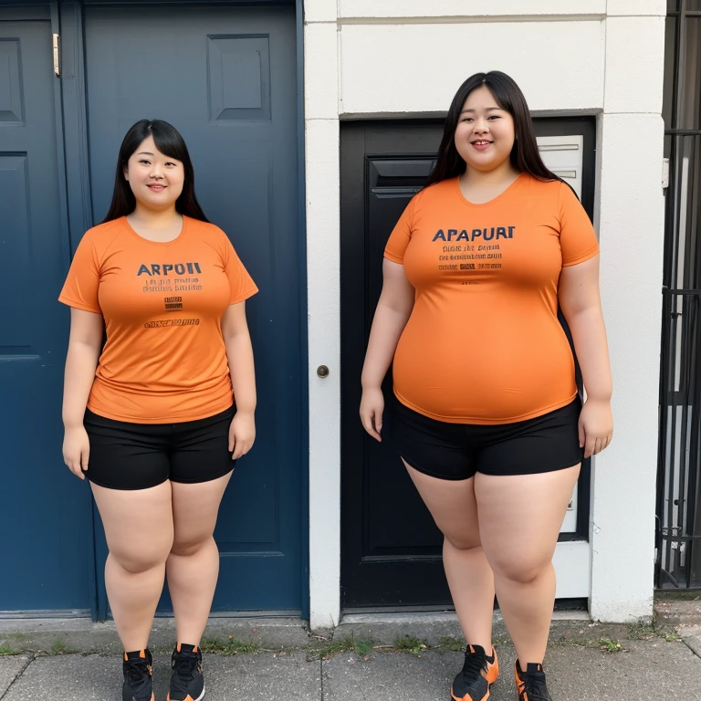 Araped woman wearing an orange shirt standing next to another woman wearing black shorts, Full body wide shot, full body photo, full body photo, Short and sturdy woman, The picture is large, fat ), full body photo, full body photo, full body image, overweight, full body shot, fat 여자, Overall - body and head view, an fat
