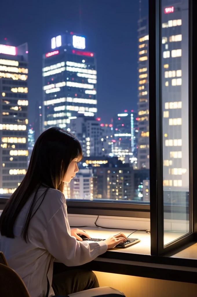 Beautiful Japanese woman in her 20s, working on a computer at a window seat, night city outside the window, horizontal screen size,
